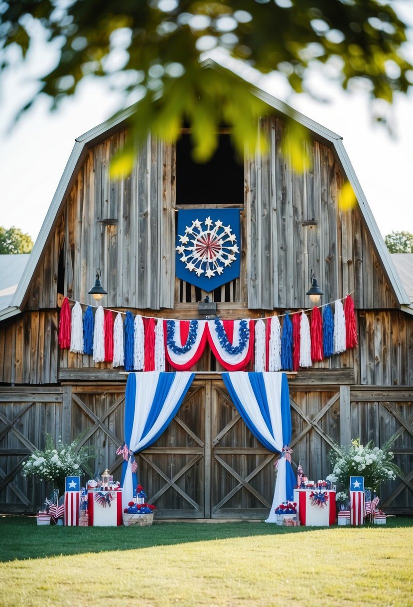 A rustic barn adorned with red, white, and blue decorations for a 4th of July wedding celebration