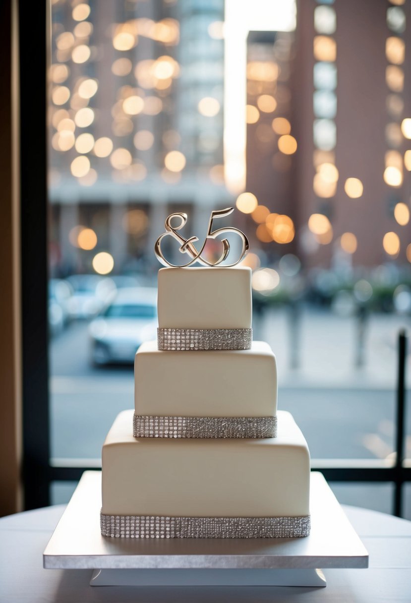 A square wedding cake with minimalist design and silver accents