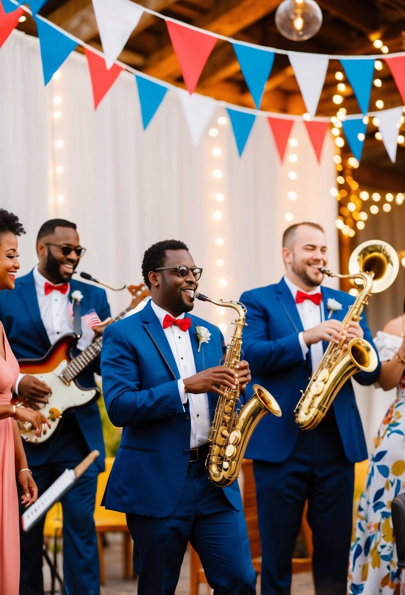 A lively jazz band performs at a festive 4th of July wedding celebration. The musicians play under colorful bunting and twinkling lights, adding a joyful atmosphere to the event