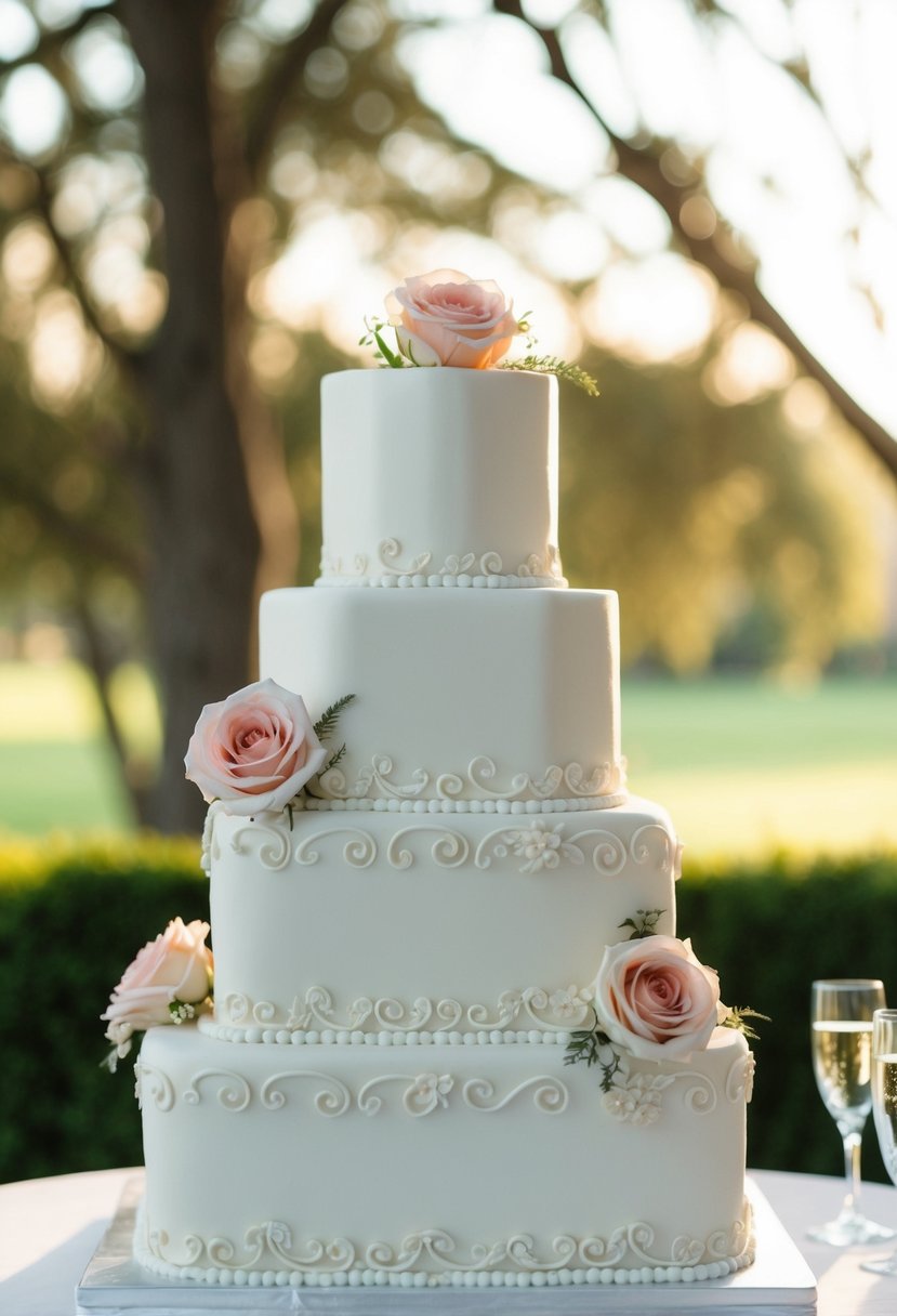 A square tiered wedding cake adorned with intricate scrolls and delicate roses