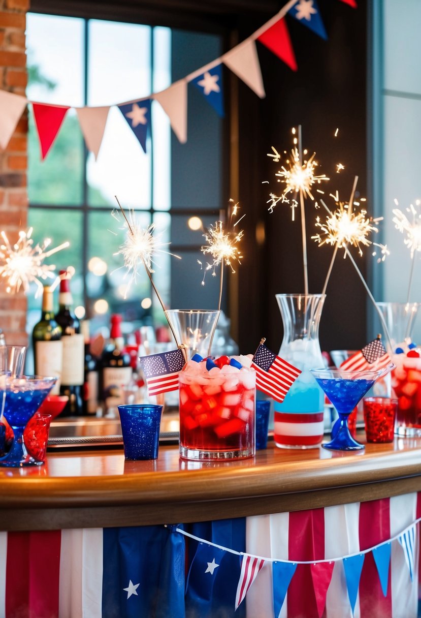 A festive cocktail bar adorned with red, white, and blue decor, featuring American flags, bunting, and sparklers for a 4th of July wedding celebration