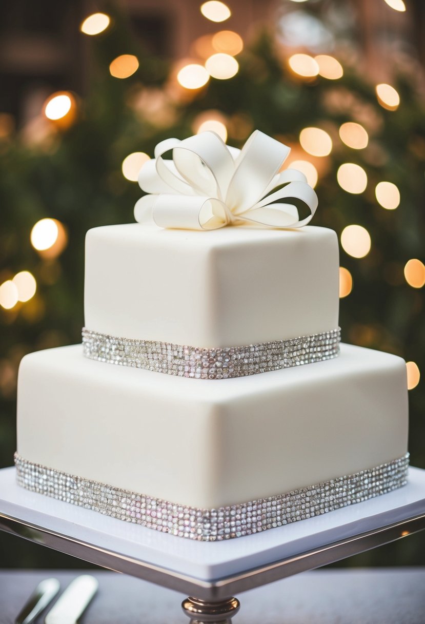 A modern square wedding cake adorned with a bling ribbon