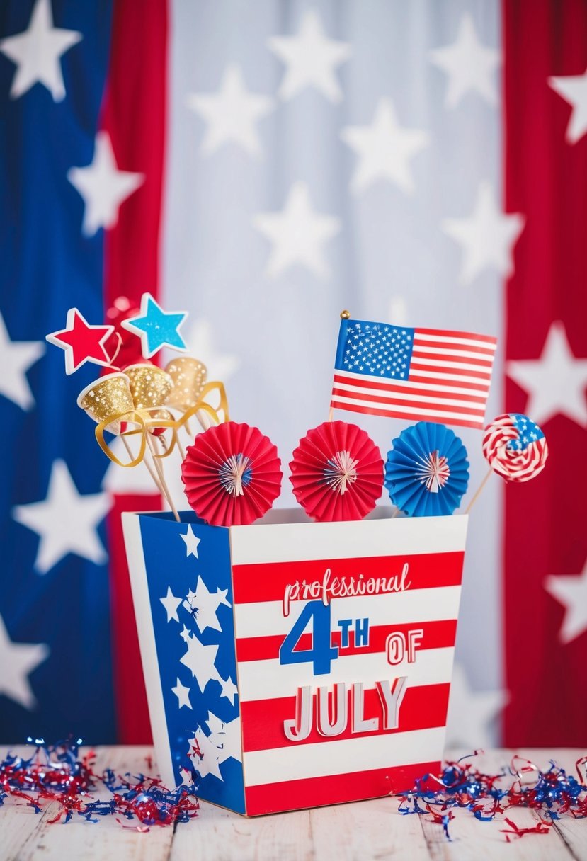 A festive 4th of July photo booth with patriotic decorations and props, set against a backdrop of stars and stripes