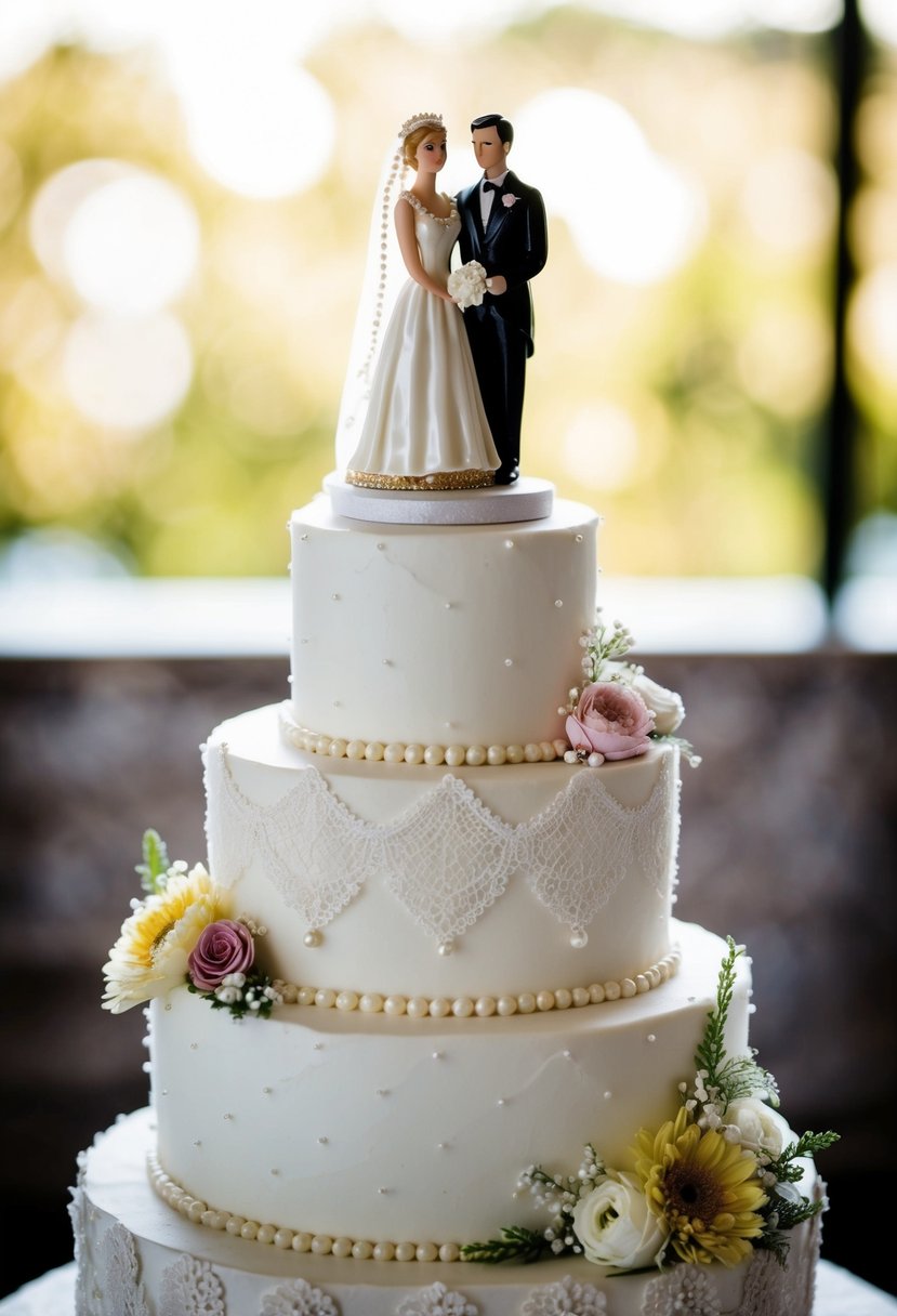 A three-tiered wedding cake adorned with delicate lace, pearls, and floral decorations. A vintage cake topper featuring a bride and groom figurine adds a nostalgic touch