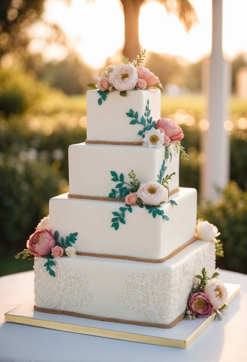 A square wedding cake adorned with intricate floral patterns