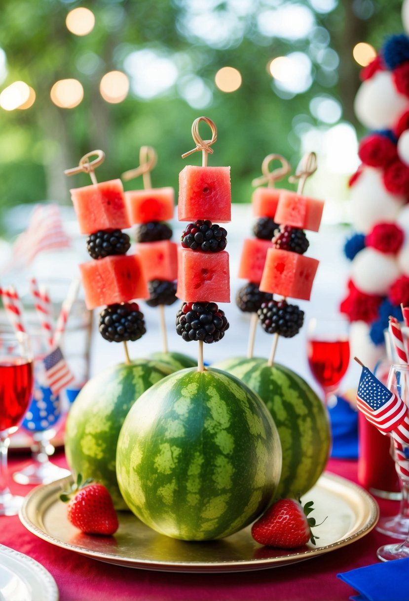 A table adorned with watermelon and berry skewers, surrounded by festive 4th of July wedding decor