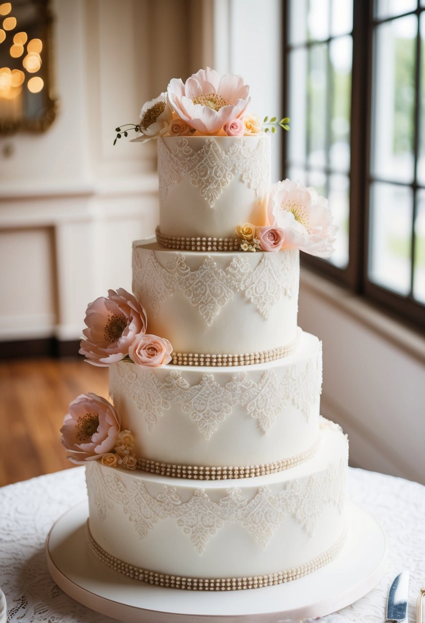 A three-tiered wedding cake adorned with delicate lace and intricate sugar flowers in vintage pastel colors