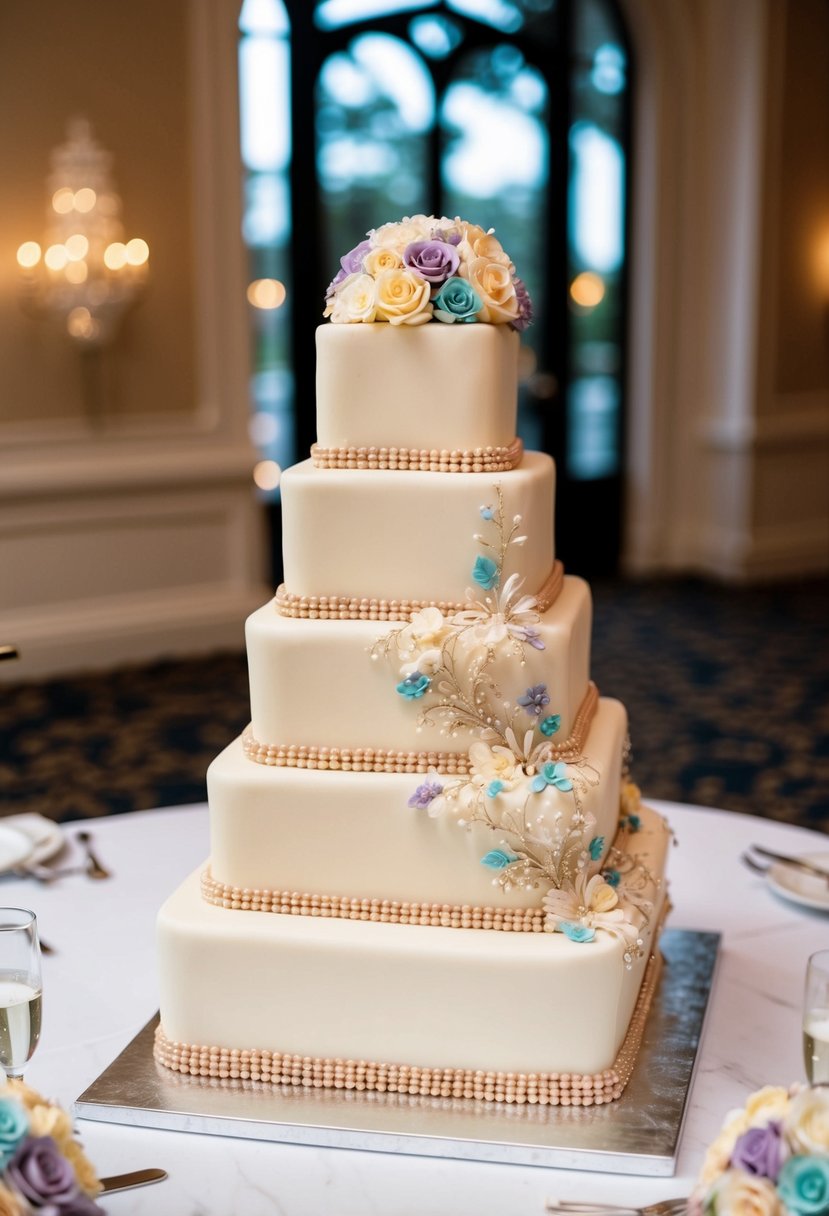 A multi-tiered square wedding cake adorned with pastel dragees and intricate designs