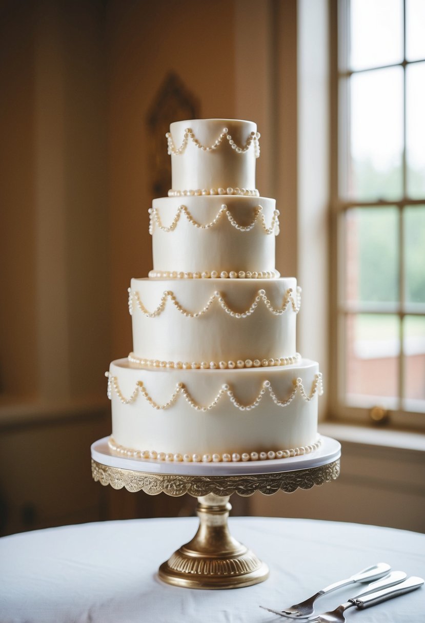 A three-tiered vintage cake adorned with pearls and intricate detailing