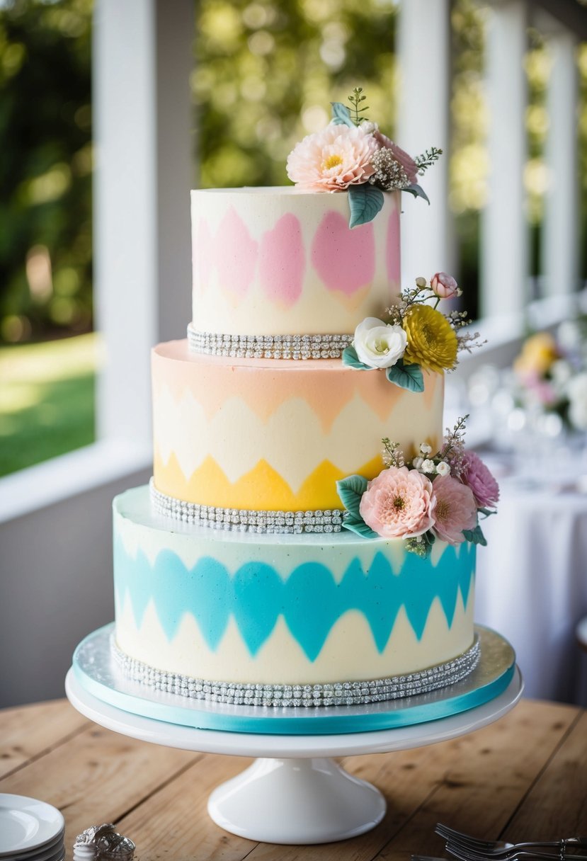 A three-tiered wedding cake with tie-dye frosting in retro pastel colors, adorned with vintage floral patterns and silver accents