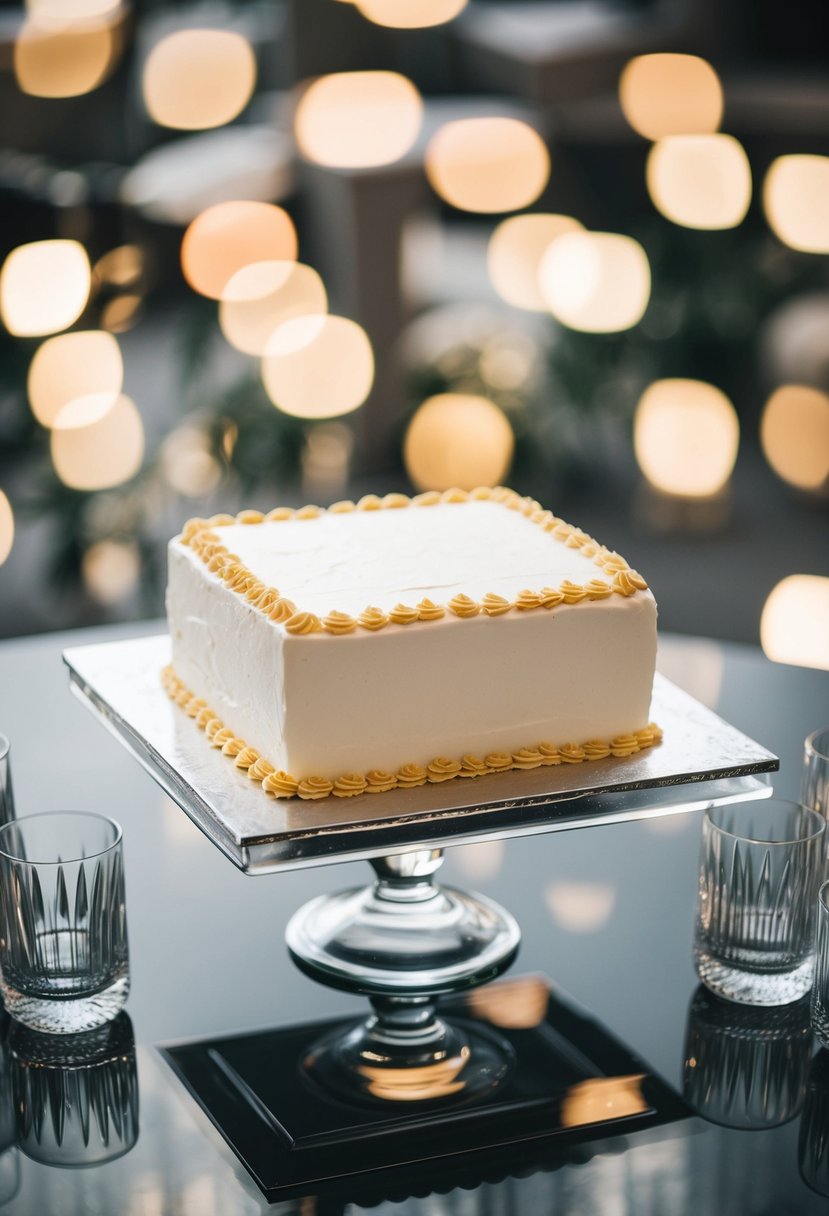 A square cake sits on a glass vase, surrounded by square wedding cake ideas