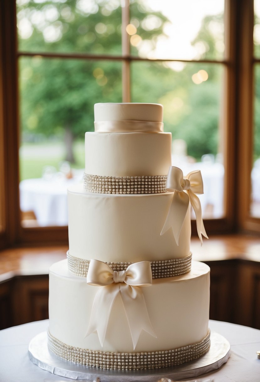 A three-tiered wedding cake adorned with satin bows and elegant vintage details