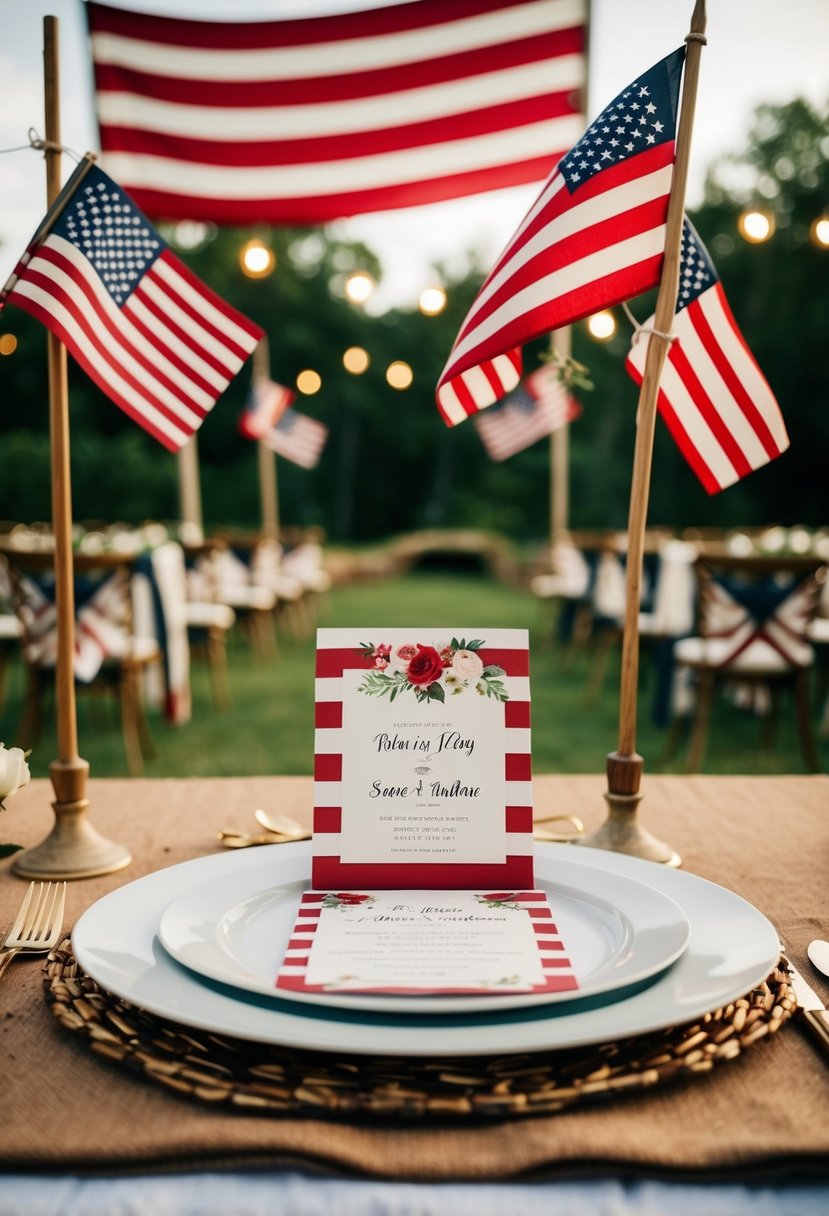 A rustic outdoor wedding venue with vintage flag-themed decorations and invitations