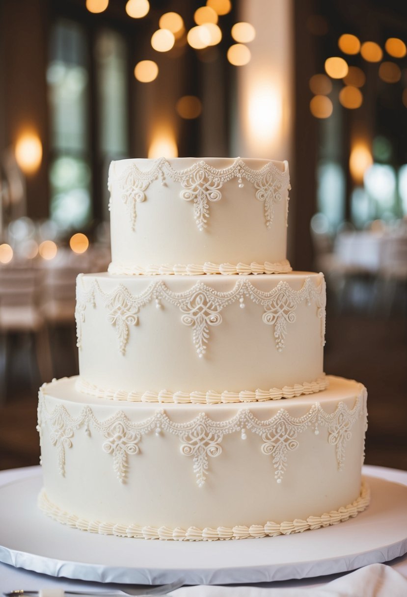 A square wedding cake with intricate lace details made of royal icing