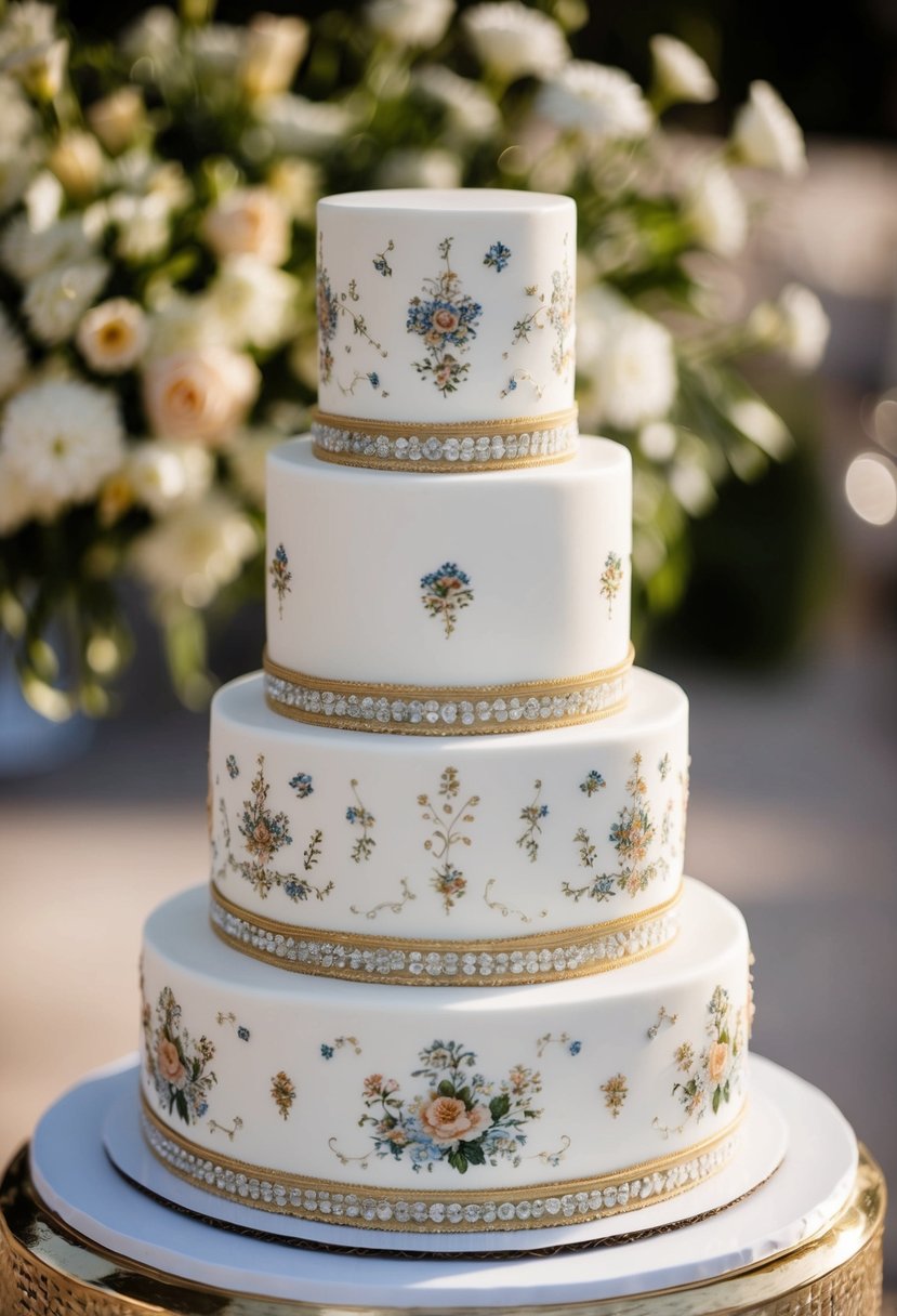 A tiered wedding cake adorned with a delicate vintage China pattern design, featuring intricate floral motifs and gold accents