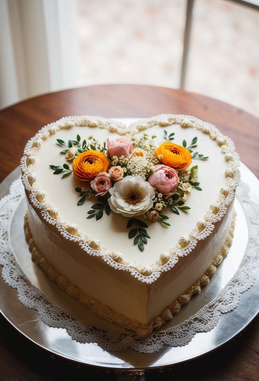 A heart-shaped vintage wedding cake adorned with nostalgic floral decorations and delicate lace trim