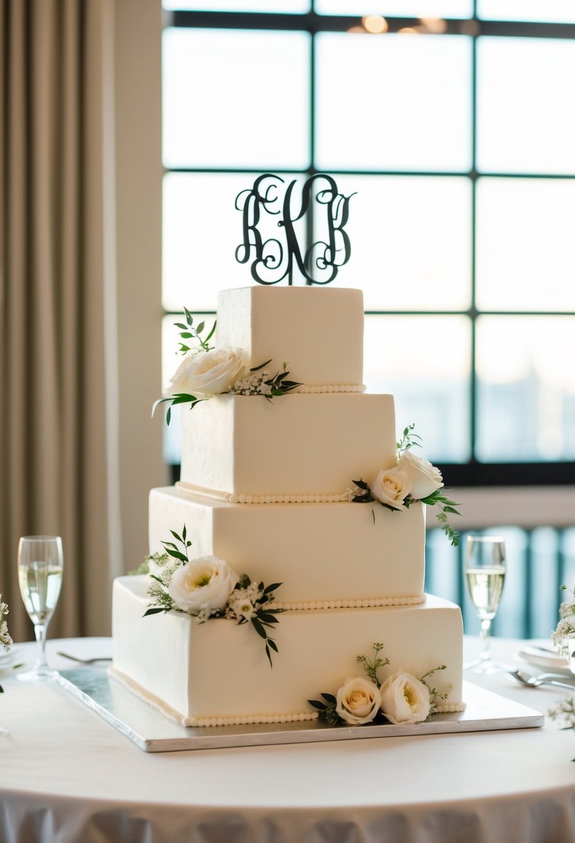 A chic square wedding cake with a monogram topper sits elegantly on a table, adorned with delicate details and surrounded by floral accents