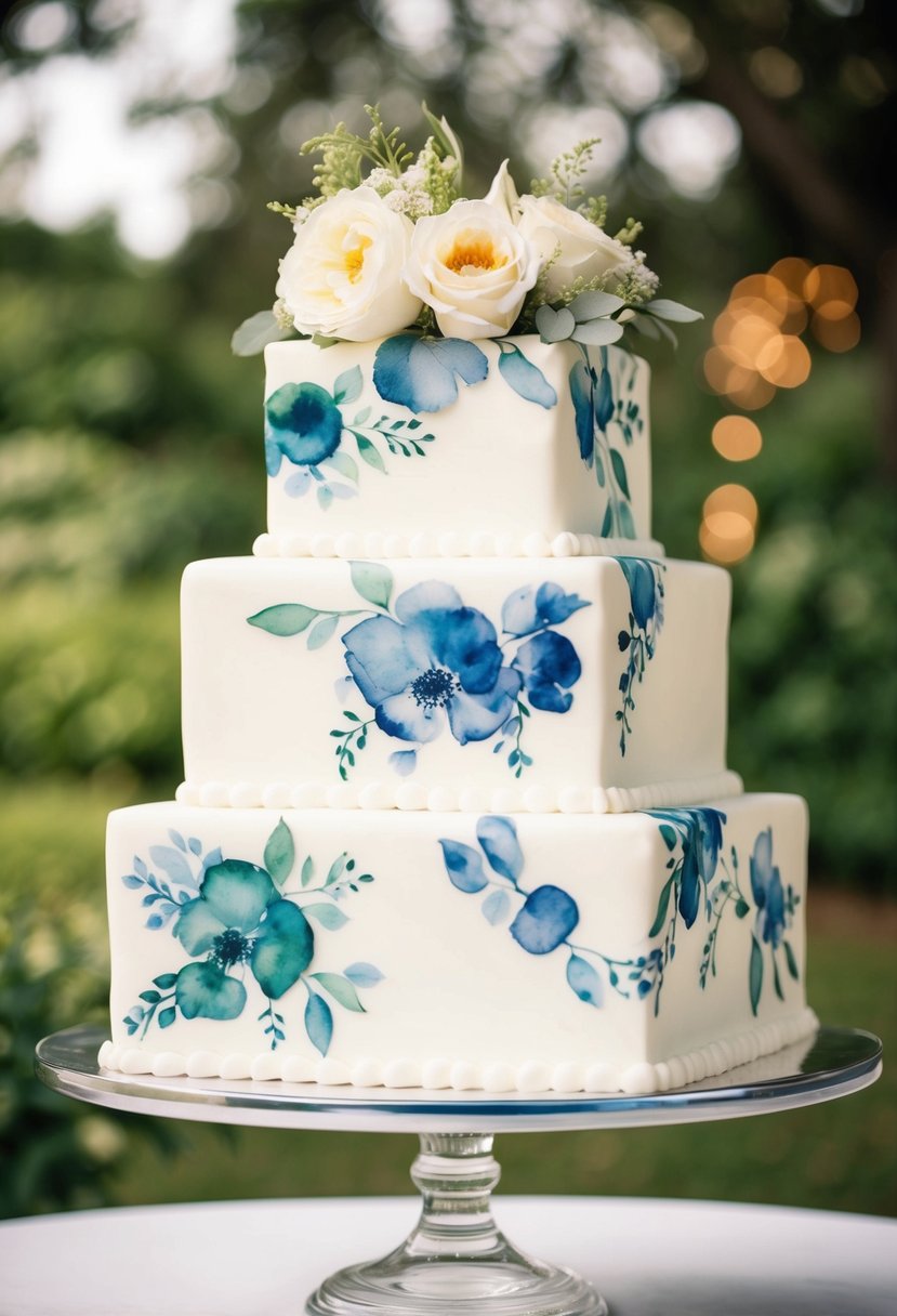 A square wedding cake adorned with intricate watercolor designs