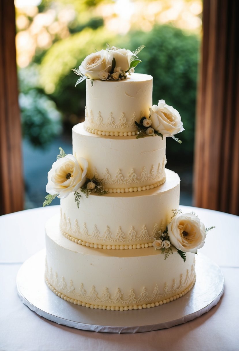 A three-tiered vintage wedding cake adorned with delicate vanilla buttercream flowers and elegant lace detailing