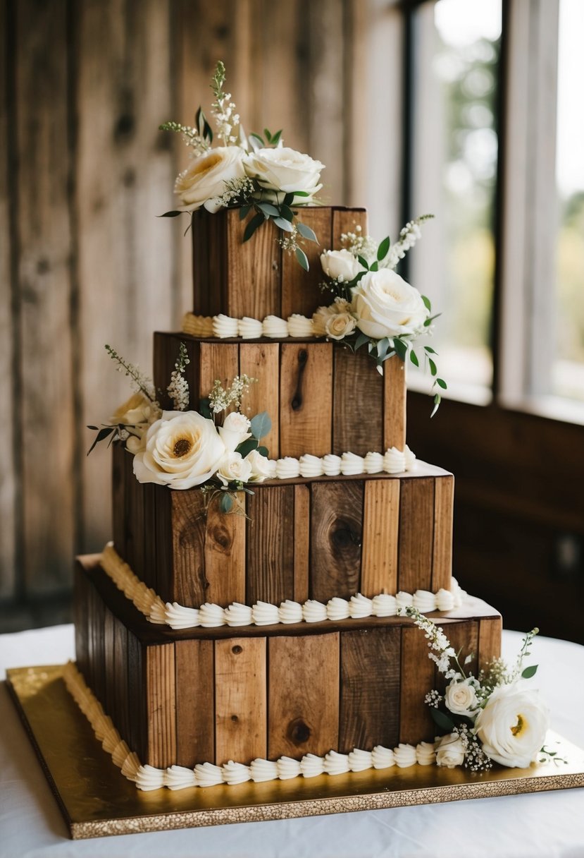 A rustic square wedding cake with wood textures, adorned with delicate floral accents and elegant details