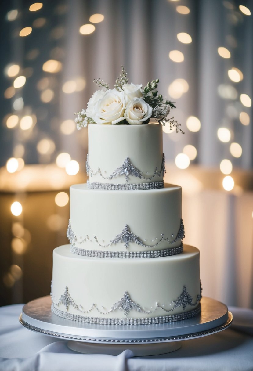 A three-tiered wedding cake adorned with delicate silver-dusted details and vintage-inspired embellishments