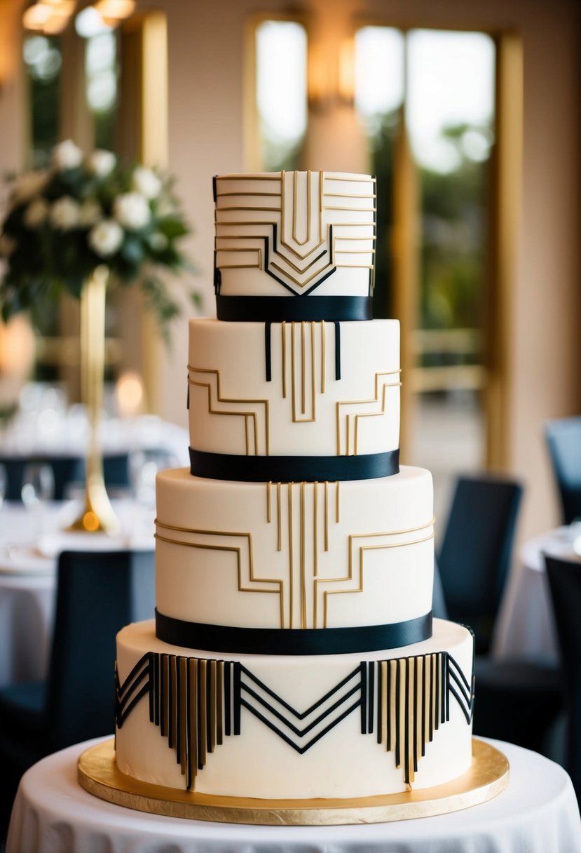 A tiered wedding cake adorned with Art Deco motifs in gold and black, featuring geometric patterns and sleek lines