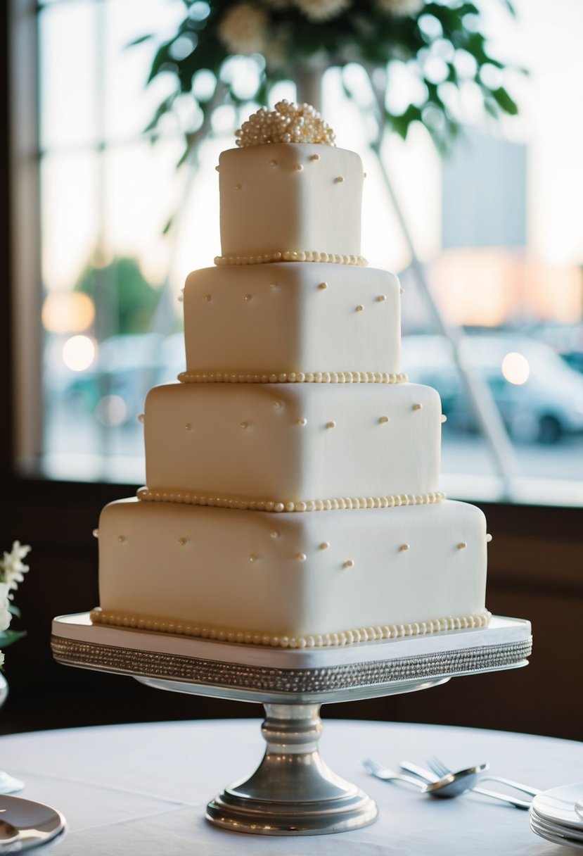 A vintage square wedding cake adorned with delicate pearl details