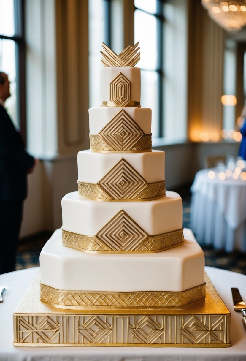 A tiered art deco square wedding cake adorned with gold sheets and intricate geometric designs