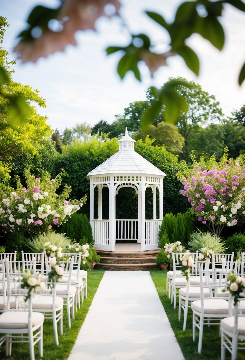 A serene garden with blooming flowers, a white gazebo, and elegant seating for a wedding ceremony