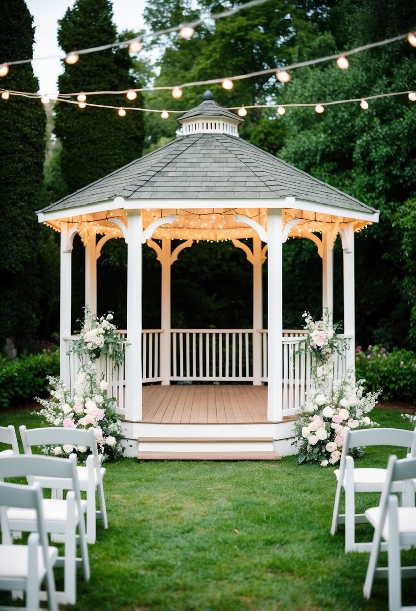 A charming gazebo stands in a lush garden, adorned with delicate flowers and twinkling fairy lights, ready for a romantic wedding ceremony