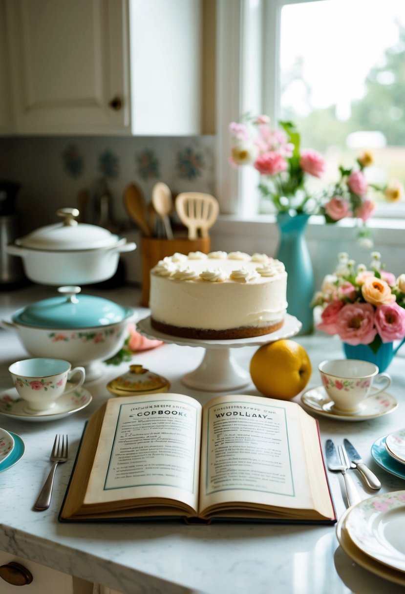 A 1950s kitchen scene with a vintage cookbook open to a wedding cake recipe, surrounded by charming retro kitchenware and floral decor