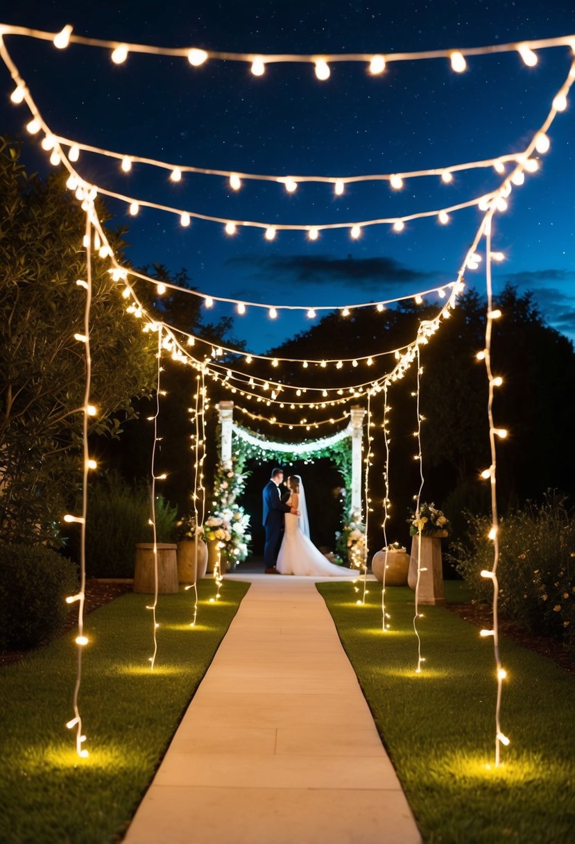 A winding garden pathway lined with twinkling fairy lights, leading to a magical wedding ceremony under a starry night sky