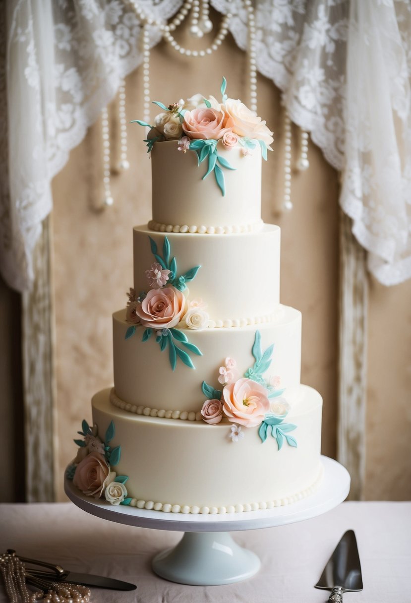 A three-tiered wedding cake adorned with hand-piped floral designs in soft pastel colors, set against a vintage backdrop of lace and pearls