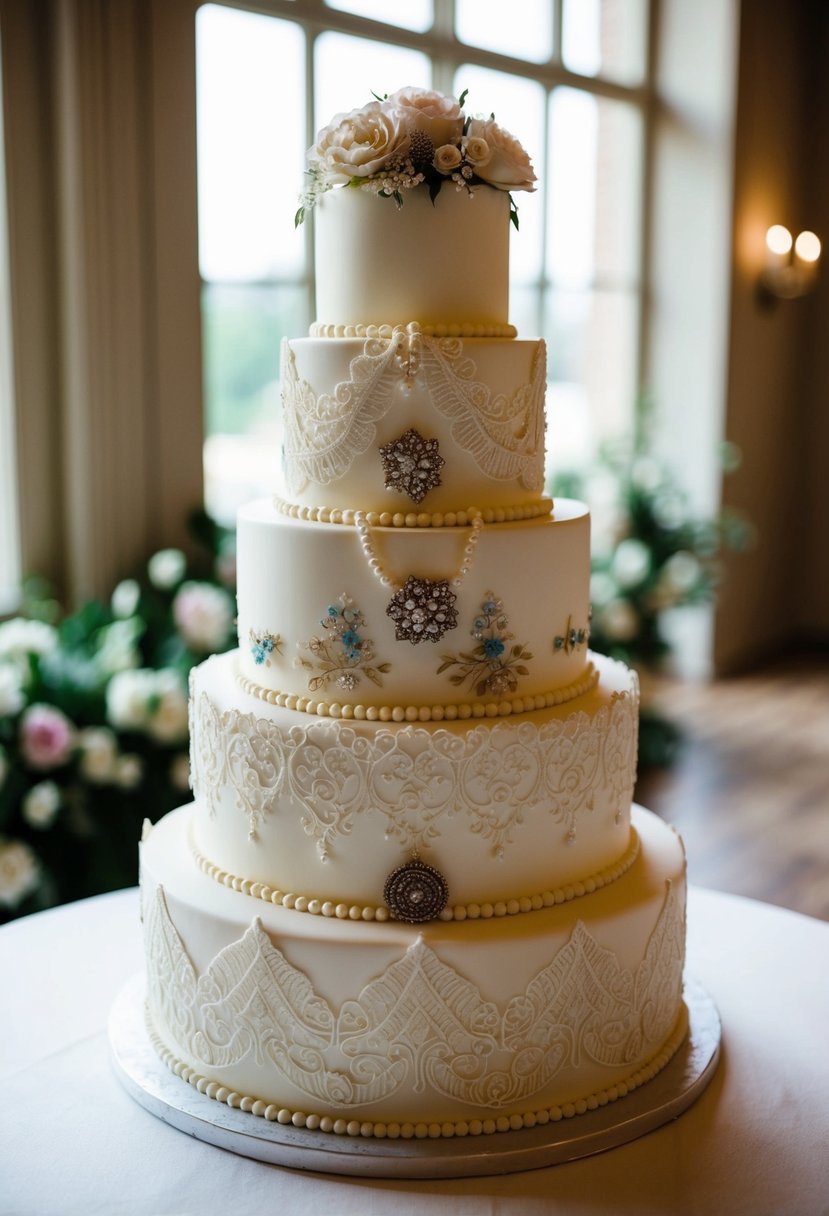 A tiered wedding cake with intricate lace and floral designs, adorned with vintage brooches and pearls