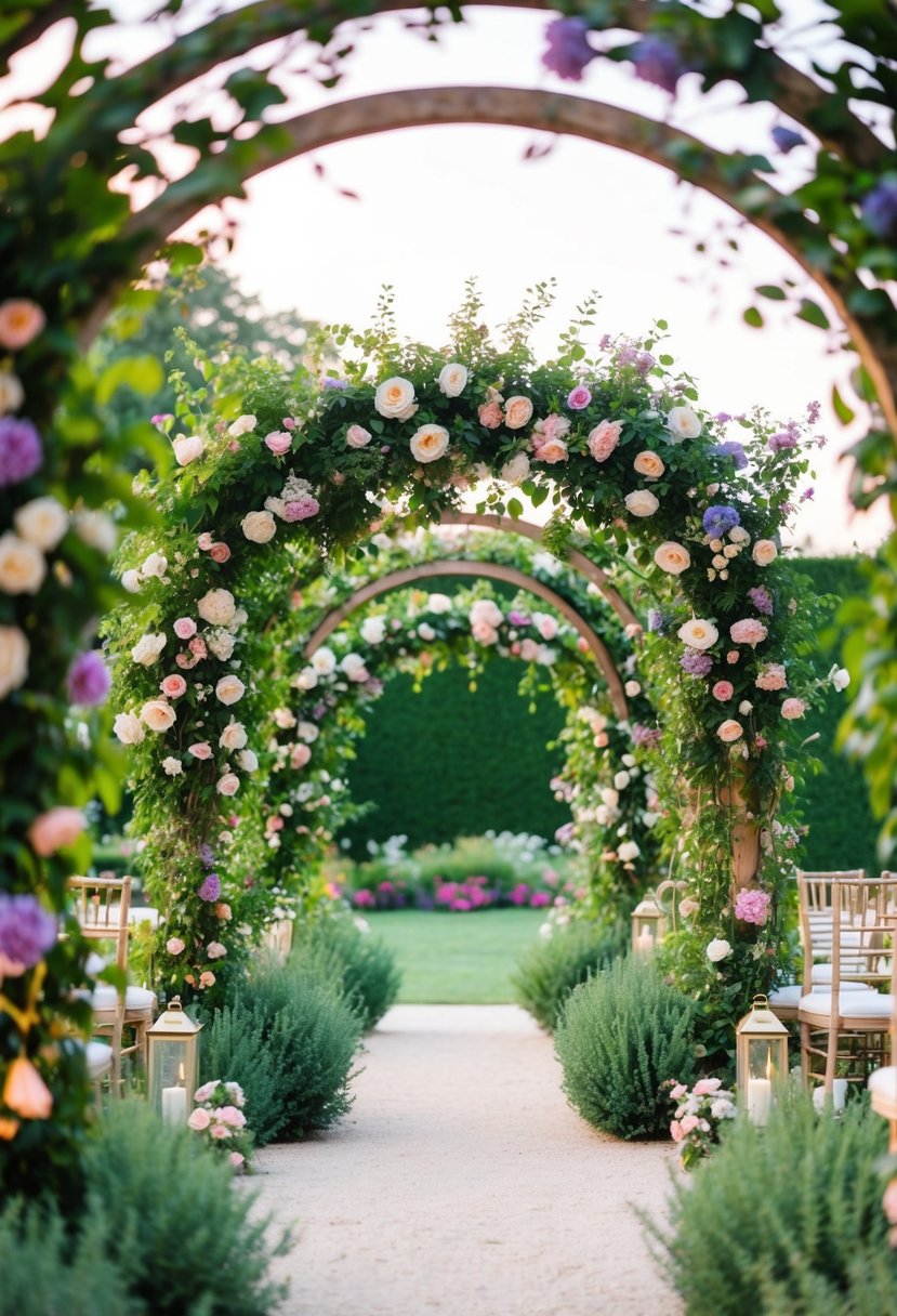 A garden filled with vibrant floral arches and lush greenery, creating a romantic and enchanting atmosphere for a wedding