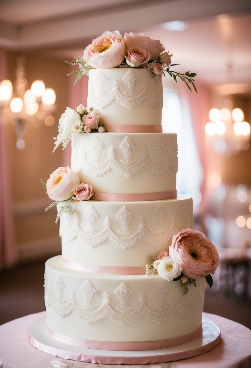 A three-tiered wedding cake adorned with delicate lace and floral details, featuring a vintage color palette of soft pinks and creams