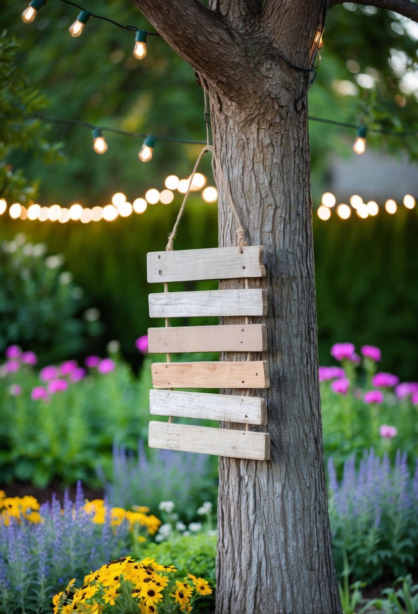 A weathered wooden sign hangs from a tree, surrounded by wildflowers and twinkling lights in a lush garden setting