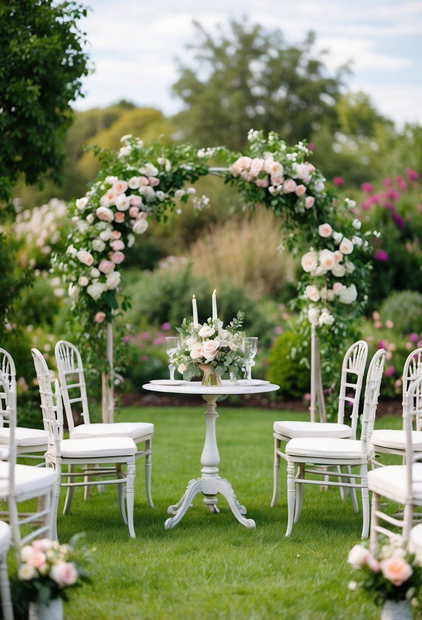 A charming vintage garden furniture set arranged for a romantic wedding ceremony amidst blooming flowers and lush greenery