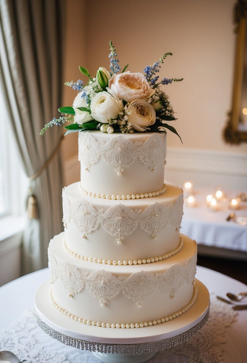 A three-tiered vintage wedding cake adorned with intricate lace and pearls, topped with elegant floral decorations