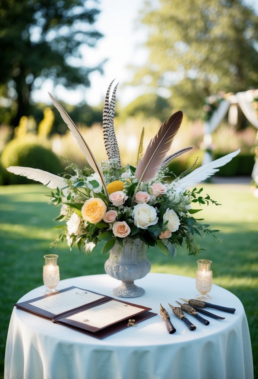 A charming garden table adorned with floral arrangements and vintage quills for a whimsical signing ceremony