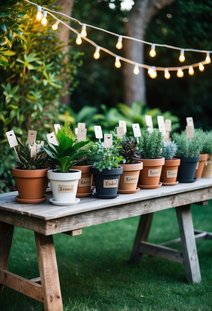 A rustic wooden table displays an array of potted plants, each adorned with custom tags, surrounded by twinkling string lights in a lush garden setting