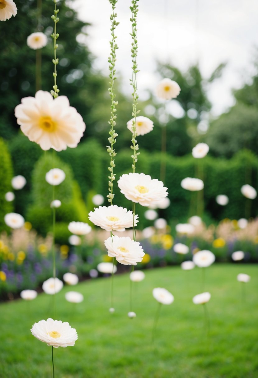 A serene garden with floating flower installations, creating a dreamy atmosphere for a wedding