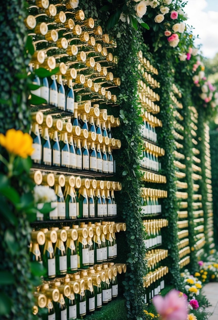 A lush garden with cascading walls of champagne bottles, filled with vibrant greenery and flowers, creating a stunning backdrop for a wedding