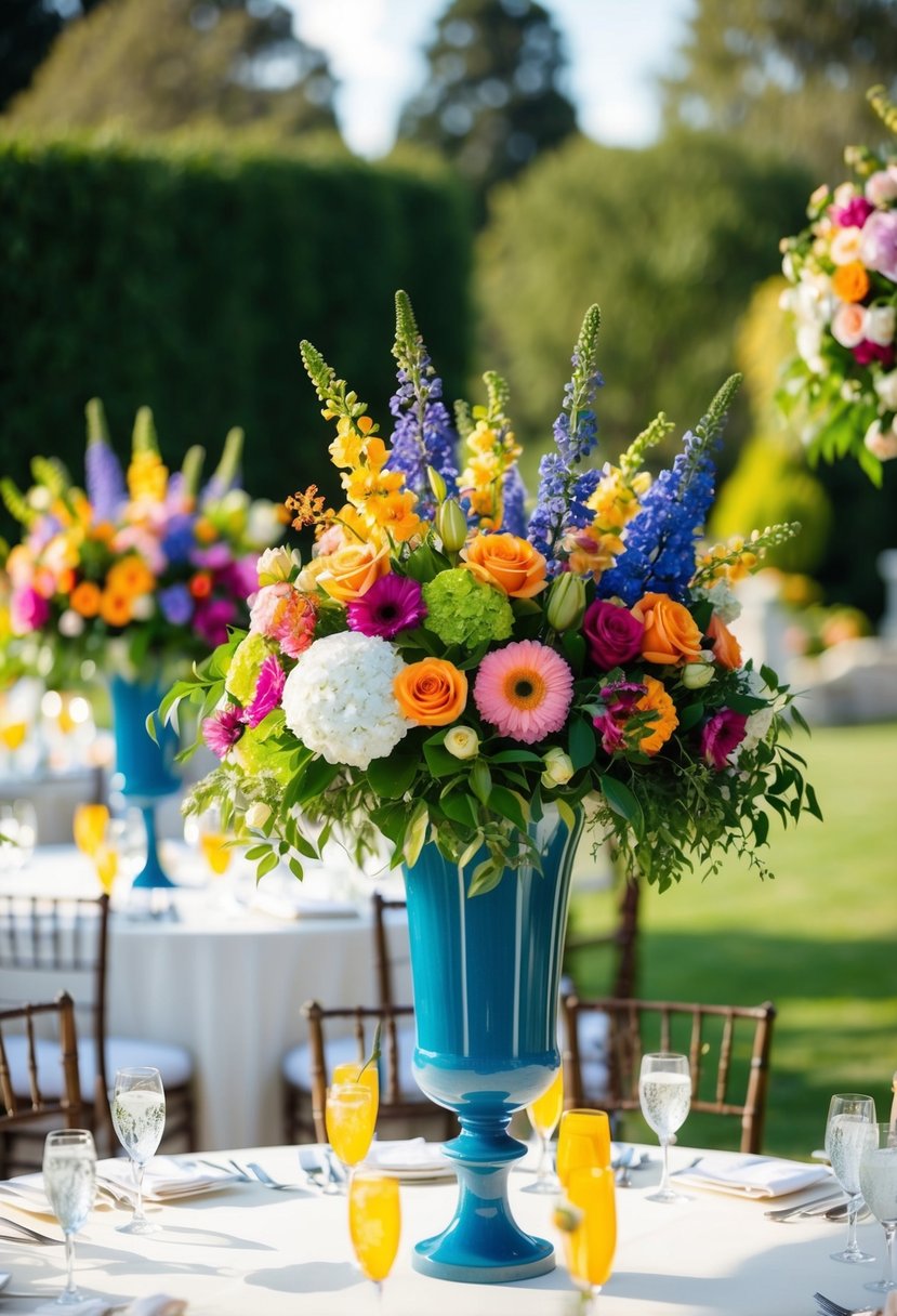 Lush, colorful flowers arranged in tall vases on round tables at an outdoor garden wedding