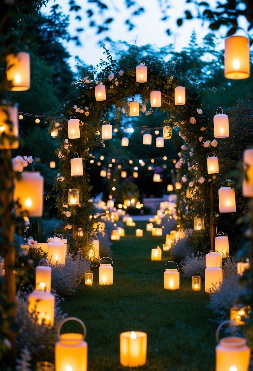 A whimsical garden filled with glowing fairy tale candle lanterns, creating a magical ambiance for a wedding celebration