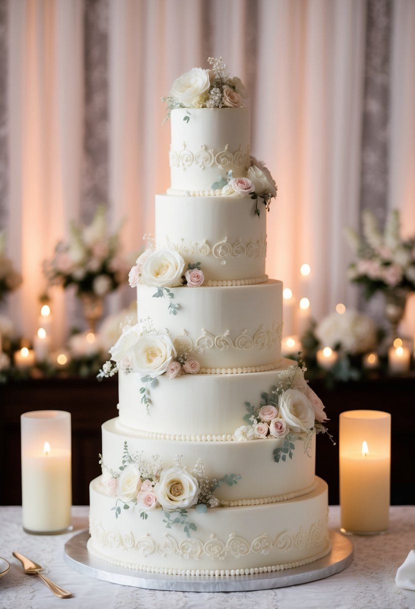 A grand five-tier wedding cake adorned with intricate floral designs and elegant piping, set against a backdrop of soft candlelight and delicate lace