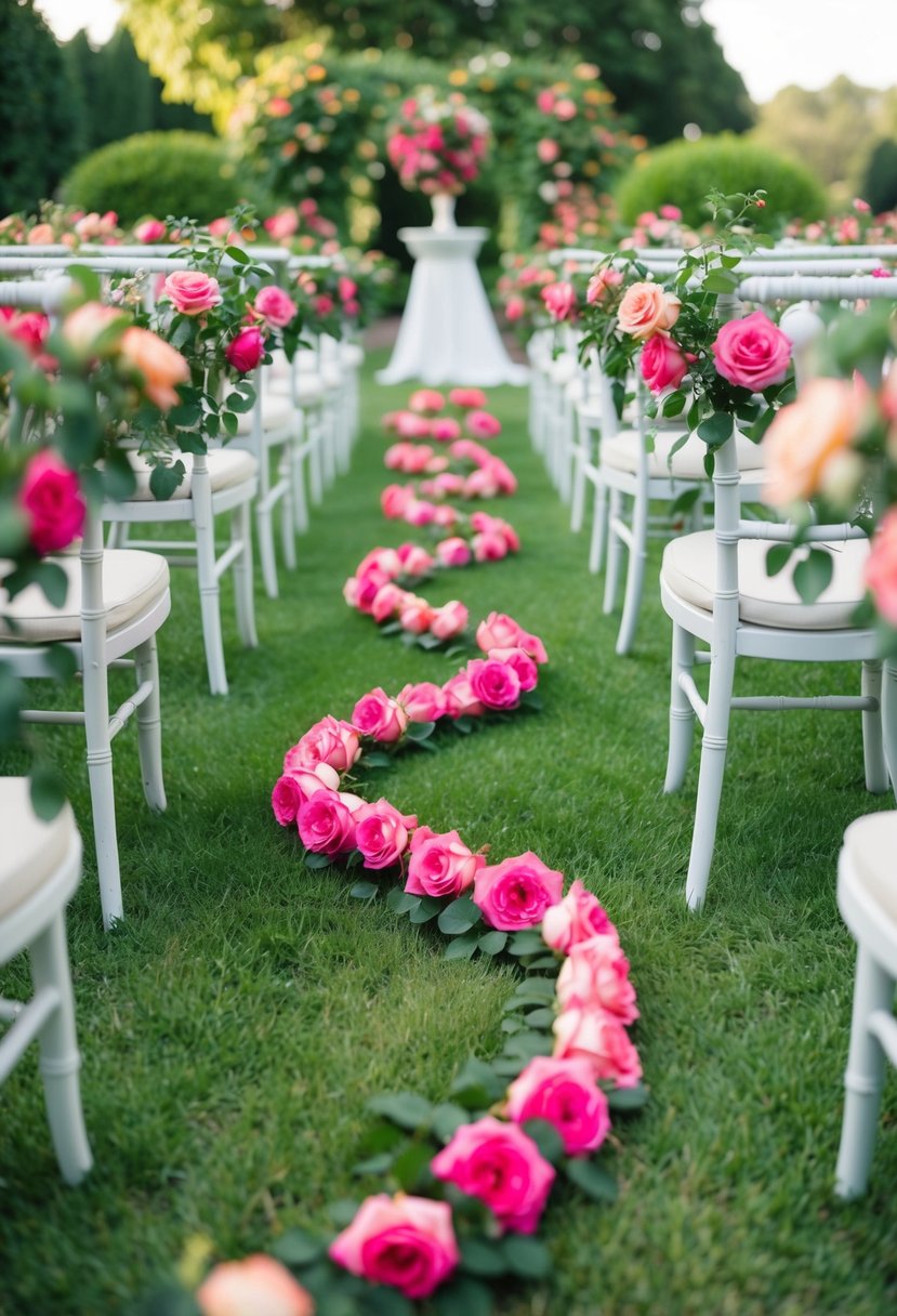 A lush garden aisle lined with a spiral of vibrant roses, creating a romantic and enchanting atmosphere for a wedding ceremony