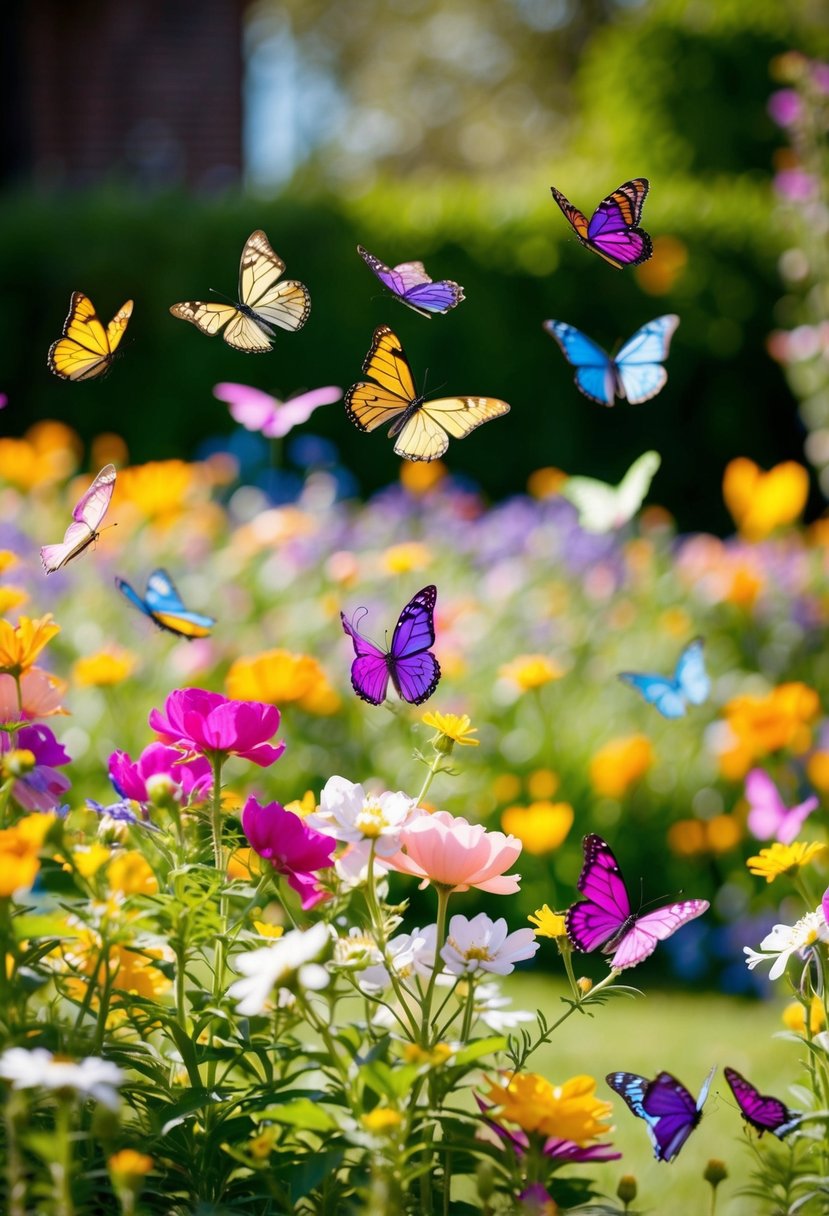 Colorful butterflies flutter among blooming flowers in a sunlit garden, released to symbolize love and new beginnings at a wedding