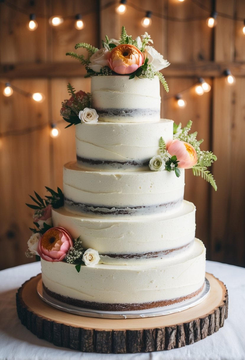 A five-tier rustic buttercream cake adorned with fresh flowers