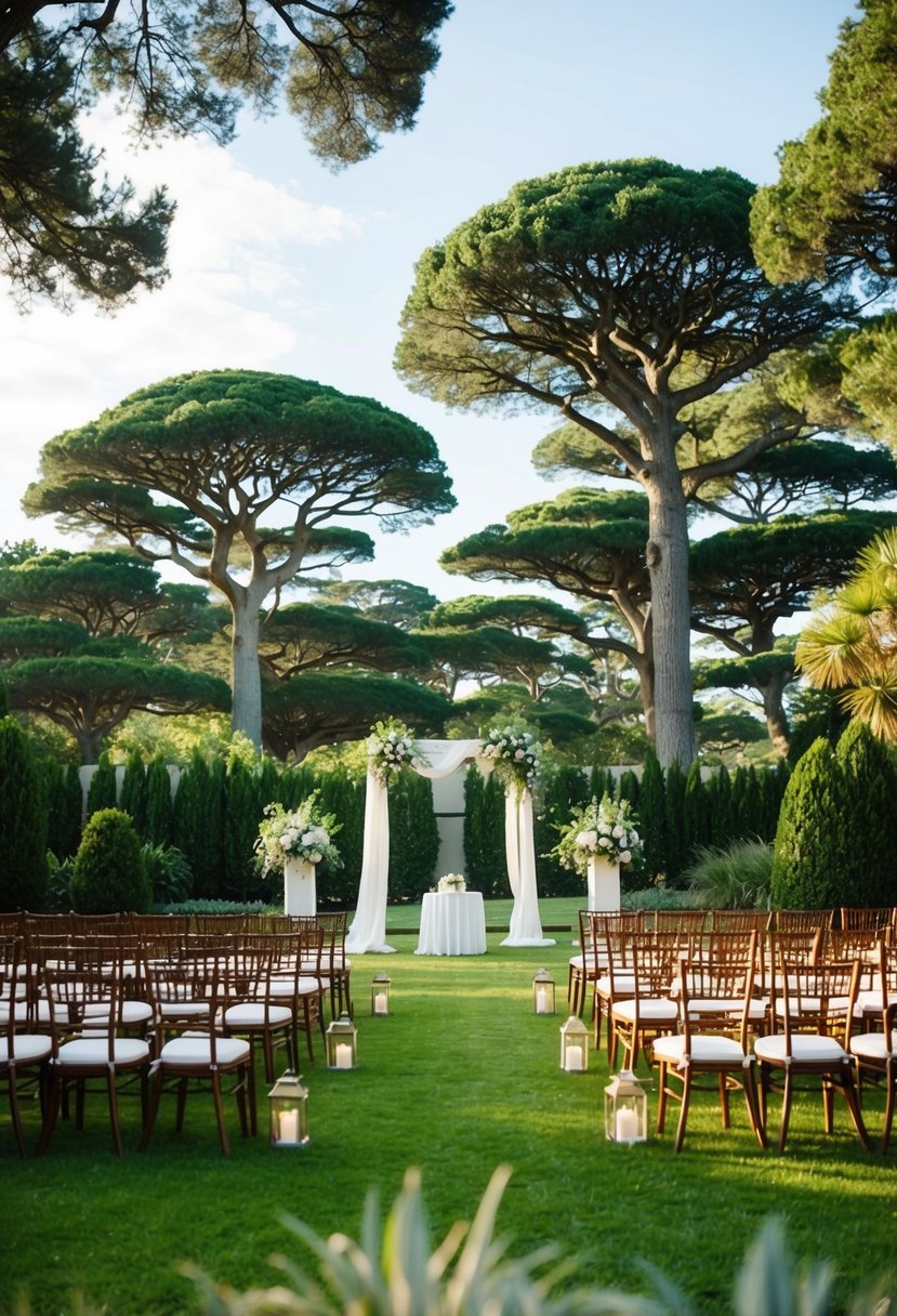 A serene garden venue with towering trees, creating a picturesque setting for a wedding ceremony